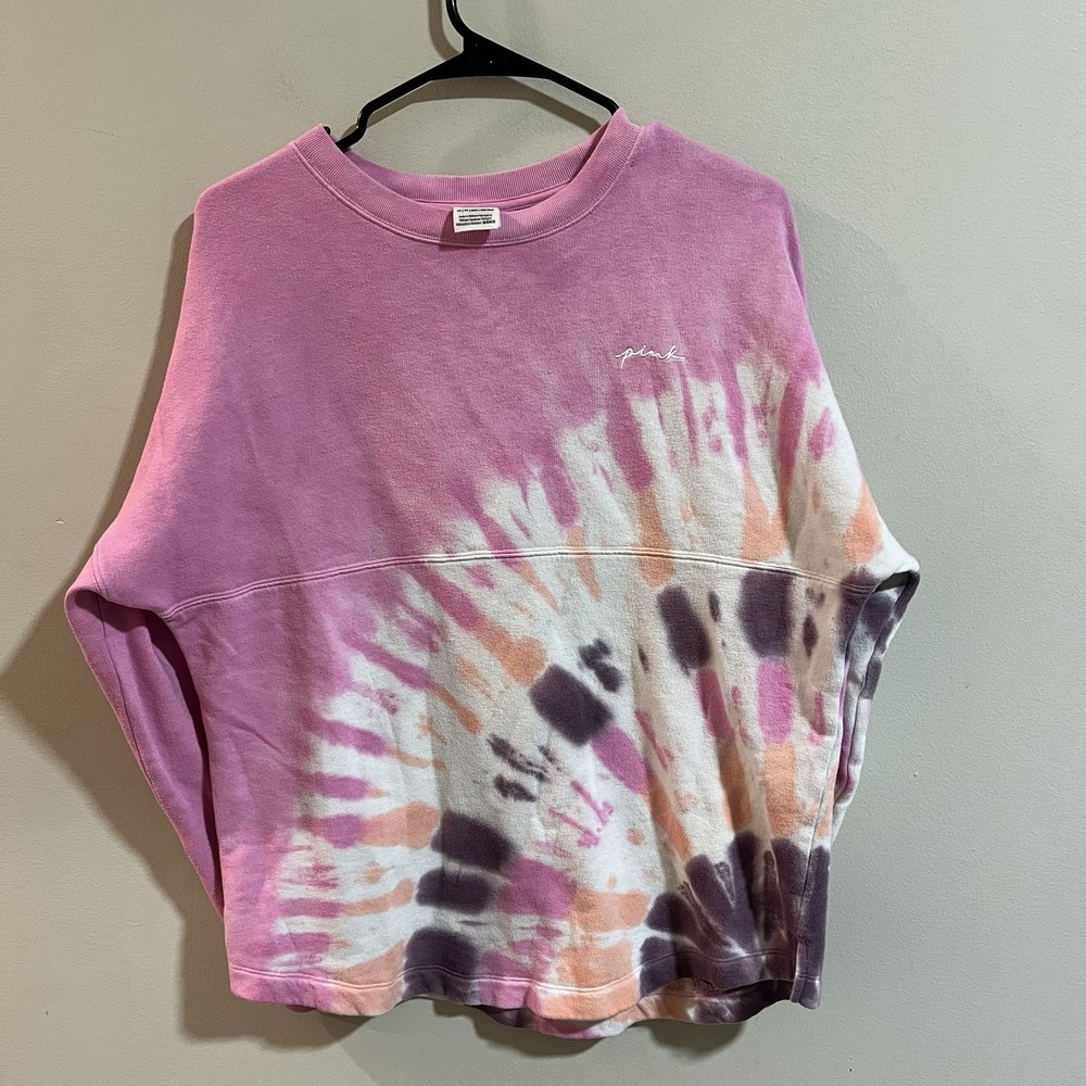 VICTORIA'S SECRET PINK TIE DYE VARSITY CREW NECK SWEATER XS‎